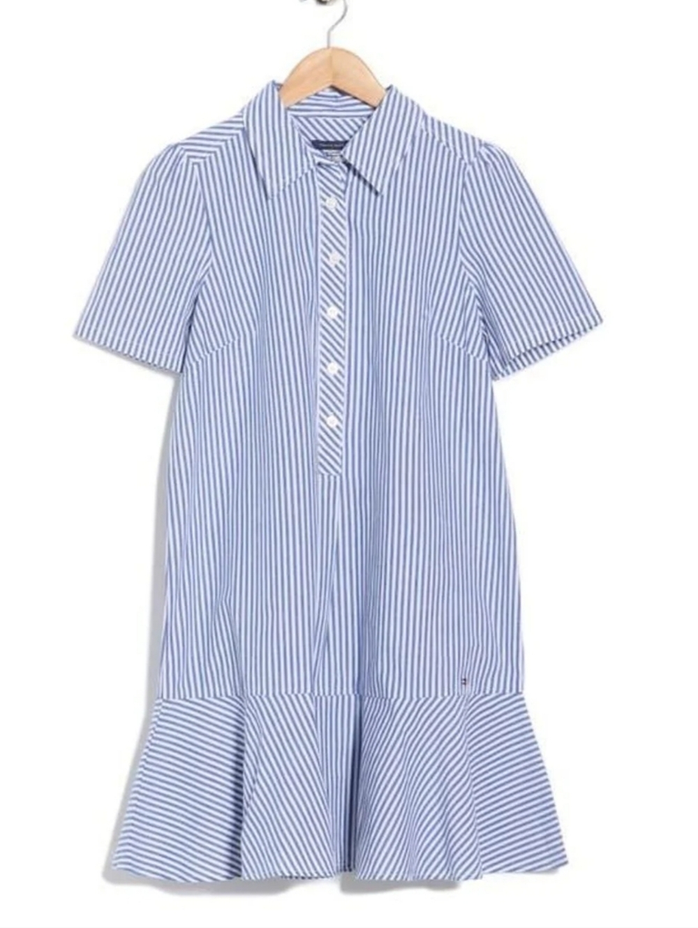 Tommy Hilfiger Striped Shirt Dress Size 8 Blue White Button Front Ruffle Hem